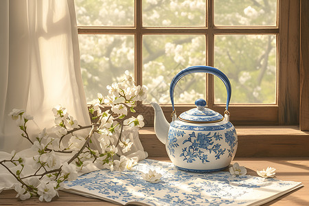 窗边的青瓷茶具图片素材