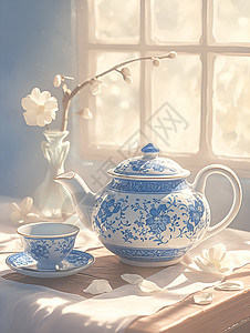 精致青花瓷的茶壶和茶杯高清图片