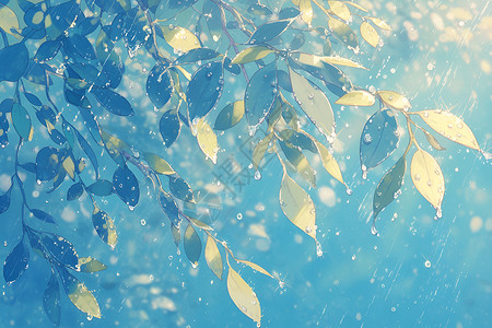 卡通雨滴树叶上的雨滴插画