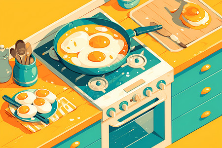 烹饪厨房烹饪鸡蛋的厨房插画