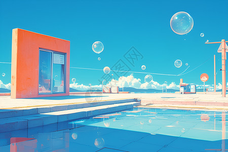欧式别墅庭院蓝天下的泳池插画