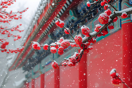 雪中红墙梅花背景