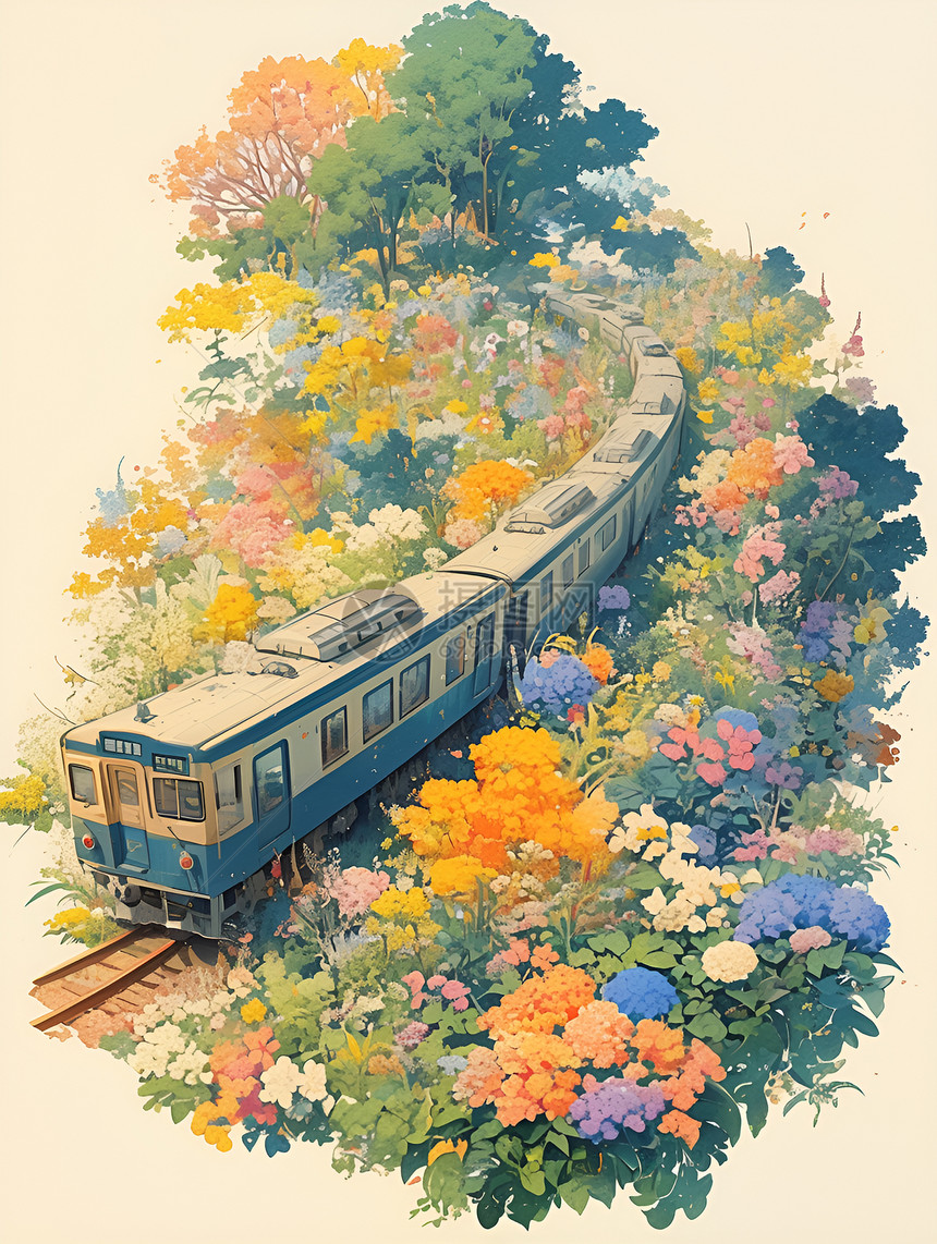 火车穿行花园图片