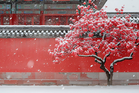 红墙旁的梅花背景图片