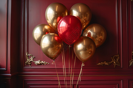 金色的充气气球在深红色墙壁前背景图片