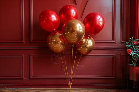金色的充气气球在深红色的背景下背景图片
