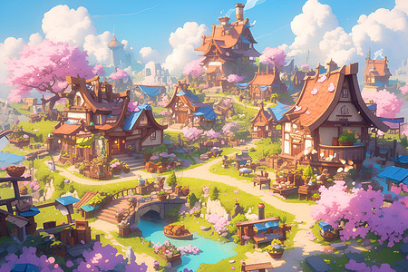 粉色樱花下美丽村庄背景图片