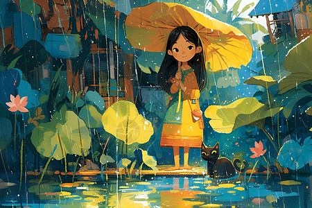 撑着荷叶的女孩雨天撑着伞的少女插画