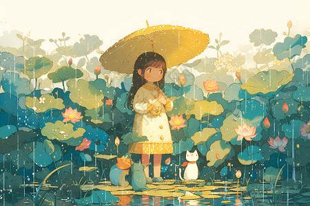 植物与雨伞下雨天冒险的女孩插画