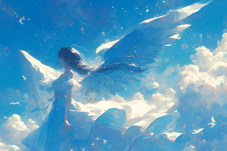 动漫女神翱翔于白云之间的女孩插画