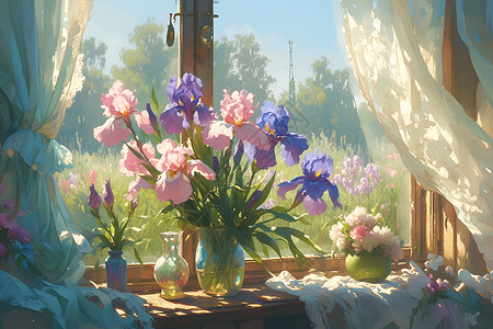 植物花瓶窗台上的花朵插画