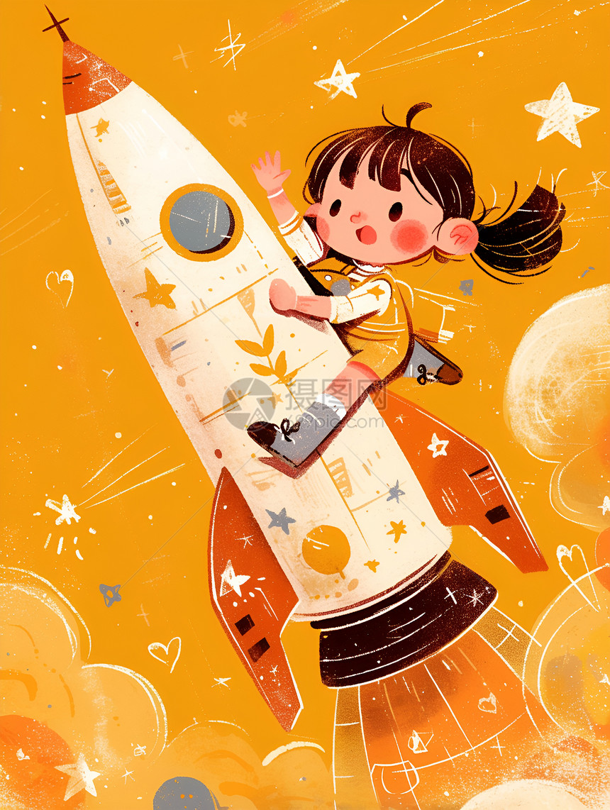 小女孩乘坐火箭飞向星空图片