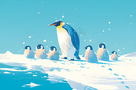卡通冰山企鹅行走在冰上插画