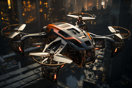 城市上空飞行的无人机背景图片