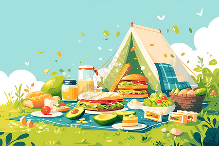野餐布上的美味三明治插画