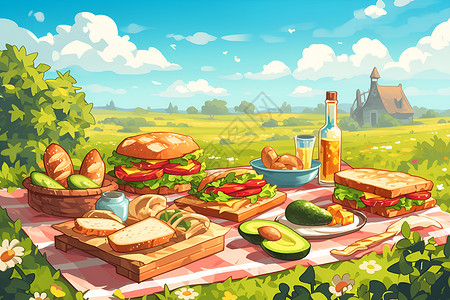 牛油果面包野餐布上的牛油果和面包插画