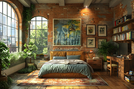 舒适住宅房间内的大床和盆栽插画