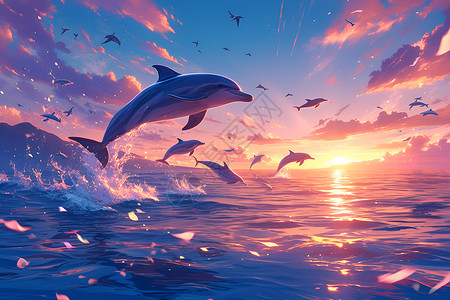跳跃的海豚日落时海洋中的海豚插画