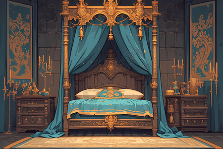 古典床城堡里的木架床插画