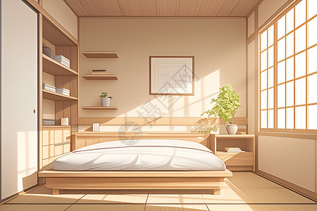 客房床铺榻榻米房间里的木床插画