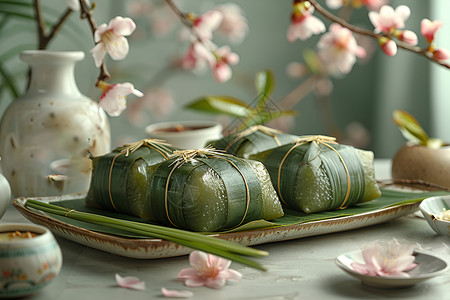 绿叶包裹的粽子背景图片
