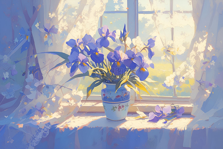 阳光窗台上的花瓶图片
