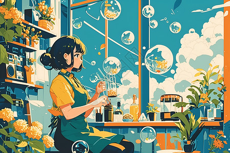 日本料理店铺奶茶店的女孩插画