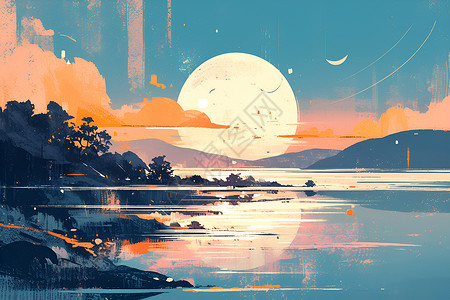 月下景色月圆下的湖光山色插画