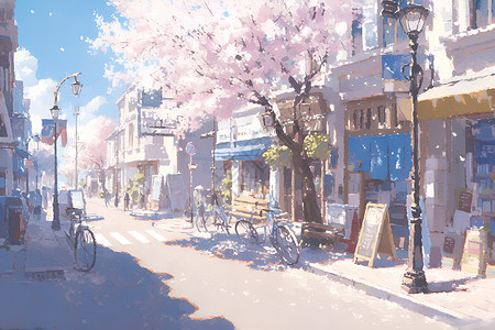街道上盛开的樱花背景图片