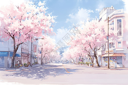 繁忙街道绚丽樱花街景插画