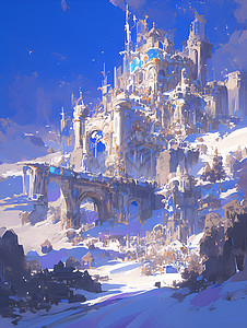 雪山悬崖雪山顶上的城堡插画