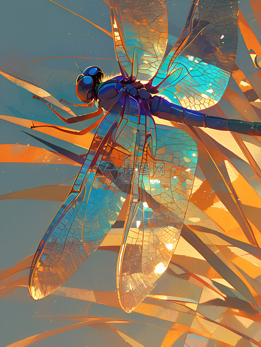 草叶上的彩色蜻蜓图片