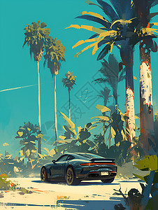 棕榈树林小路上的汽车高清图片