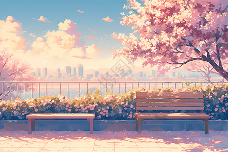户外长椅桃花树下的宁静景色插画