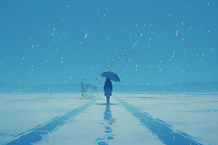 冬天脚印雪中撑伞的人插画