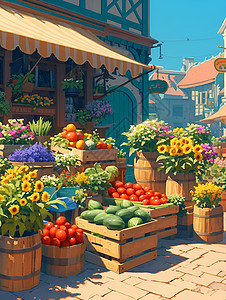 鲜花店宣传街头的水果鲜花店插画