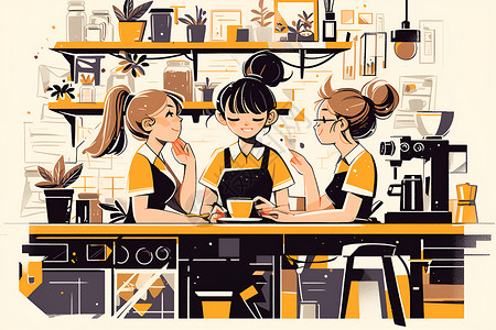 卡通服务员咖啡馆里聊天的服务员插画