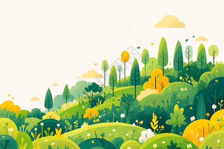 山坡森林清新的绿色森林插画