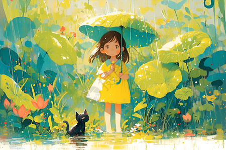 可爱雨伞女孩的荷叶伞插画