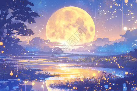 星海夜色月光下的风景插画