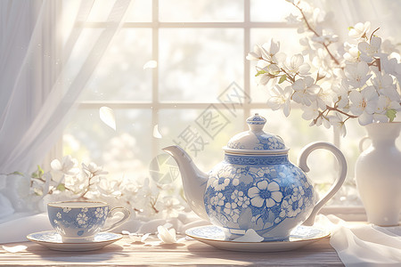 清新陶瓷调味罐清新雅致蓝白瓷茶壶插画
