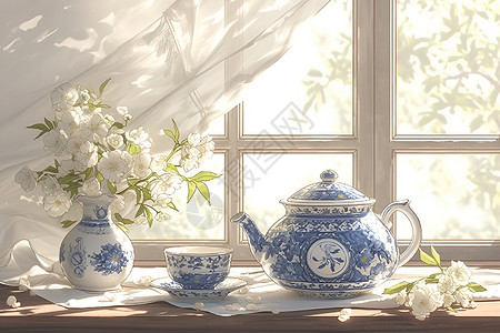 木质窗台上的青花茶具背景图片