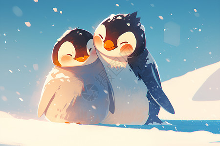 卡通企鹅恩爱雪中两只企鹅插画