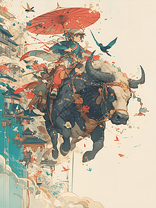 伞卡通撑着伞的孩子骑着牛插画