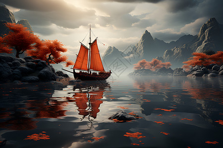 湖面上的孤舟背景图片