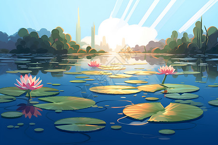美丽的湖湖面上的莲花插画