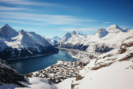 雪山镇湖景雪地山镇高清图片