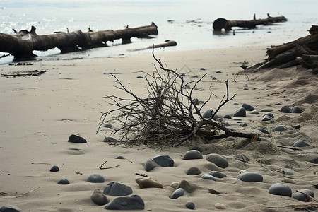 沙滩上的枯树背景图片