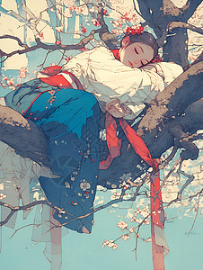 树下少女樱花树下的汉服少女插画