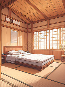 简约日式日式的榻榻米卧室插画